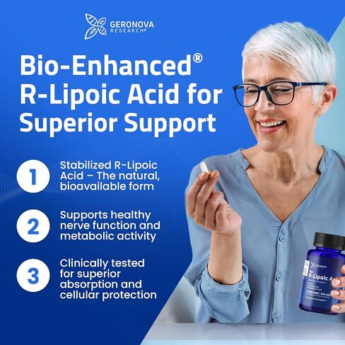 حمض R-Lipoic المعزز حيويًا من Geronova Research، جرعة 600 مجم - كمية تكفي لمدة شهر واحد - حمض R ألفا ليبويك المستقر مع امتصاص معزز - مكمل حمض R Lipoic - 60 كبسولة in Kuwait