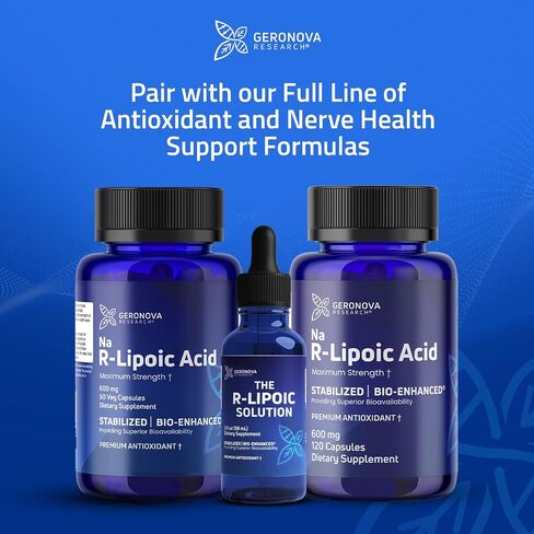 حمض R-Lipoic المعزز حيويًا من Geronova Research، جرعة 600 مجم - كمية تكفي لمدة شهر واحد - حمض R ألفا ليبويك المستقر مع امتصاص معزز - مكمل حمض R Lipoic - 60 كبسولة in Kuwait