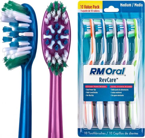 فرشاة أسنان RM Oral RevCare متوسطة الحجم، شعيرات دائرية قوية تعمل على إزالة البلاك، منظف اللسان والخد يحارب رائحة الفم الكريهة، 4 قطع in Kuwait