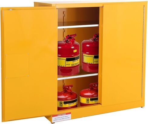 30 Gallon Flammable Safety Cabinet, Industrial Yellow Steel Storage for Flammable Liquids, Fireproof Double-Wall Design with 2 Adjustable Shelves, Manual Close Doors & Dual Vents, OSHA Compliant in Kuwait