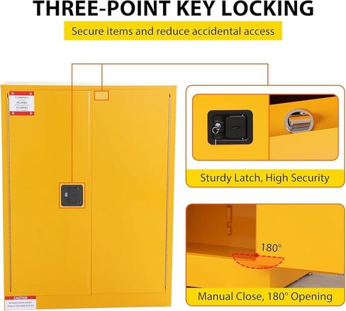 30 Gallon Flammable Safety Cabinet, Industrial Yellow Steel Storage for Flammable Liquids, Fireproof Double-Wall Design with 2 Adjustable Shelves, Manual Close Doors & Dual Vents, OSHA Compliant in Kuwait