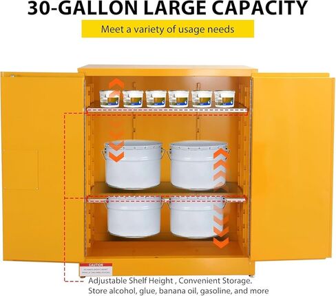 30 Gallon Flammable Safety Cabinet, Industrial Yellow Steel Storage for Flammable Liquids, Fireproof Double-Wall Design with 2 Adjustable Shelves, Manual Close Doors & Dual Vents, OSHA Compliant in Kuwait