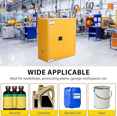 30 Gallon Flammable Safety Cabinet, Industrial Yellow Steel Storage for Flammable Liquids, Fireproof Double-Wall Design with 2 Adjustable Shelves, Manual Close Doors & Dual Vents, OSHA Compliant in Kuwait