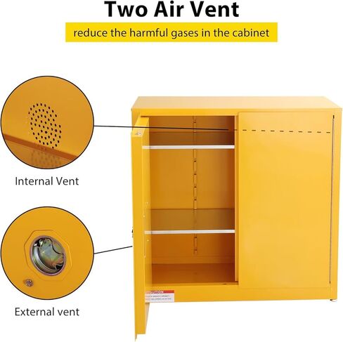 30 Gallon Flammable Safety Cabinet, Industrial Yellow Steel Storage for Flammable Liquids, Fireproof Double-Wall Design with 2 Adjustable Shelves, Manual Close Doors & Dual Vents, OSHA Compliant in Kuwait