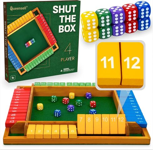 Shut The Box Game Wooden Board for 4 Players - 14-inch Shut The Box Game 12 Numbers for Adults & Kids - Ideal for Games Night in Saudi Arabia