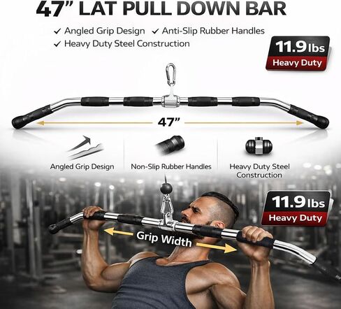 47" LAT Pulldown Bar Attachment for Cable Machine, Heavy Duty Steel Curl Bar with 360° Swivel & Rubber Grip, Wide Close Neutral Grip Handles for Back Strength Training Home Gym in Saudi Arabia