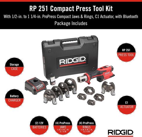 مجموعة بطارية أداة ضغط مدمجة RIDGID 78208 RP 251 مع حلقات وفكوك ProPress (1/2 بوصة إلى 1-1/4 بوصة) ومشغل C1، أداة ضغط مدمجة للنحاس والفولاذ المقاوم للصدأ وPEX والفولاذ الكربوني in Kuwait