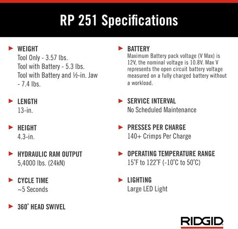 مجموعة بطارية أداة ضغط مدمجة RIDGID 78208 RP 251 مع حلقات وفكوك ProPress (1/2 بوصة إلى 1-1/4 بوصة) ومشغل C1، أداة ضغط مدمجة للنحاس والفولاذ المقاوم للصدأ وPEX والفولاذ الكربوني in Kuwait