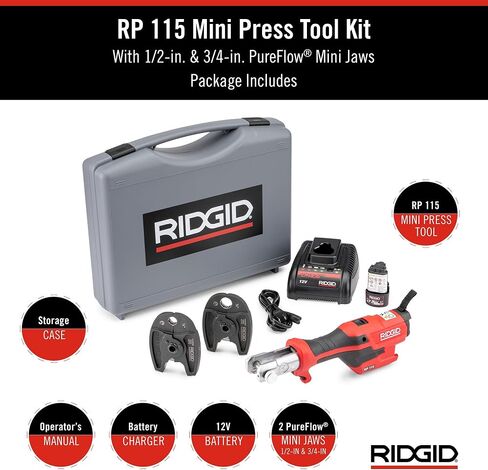 مجموعة أدوات الضغط الصغيرة RIDGID 72543 Model RP 115 مع فكي PureFlow 1/2 بوصة - 3/4 بوصة وحقيبة حمل باللون الأحمر in Kuwait