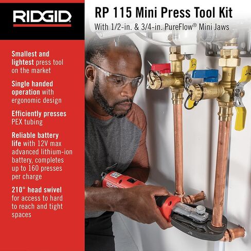 مجموعة أدوات الضغط الصغيرة RIDGID 72543 Model RP 115 مع فكي PureFlow 1/2 بوصة - 3/4 بوصة وحقيبة حمل باللون الأحمر in Kuwait