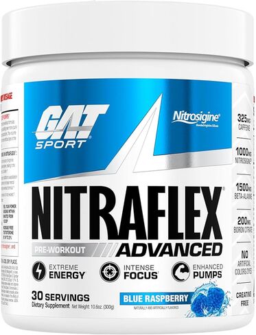 GAT SPORT Nitraflex Advanced Pre-Workout Powder - Energy Drink Mix - Supports Healthy Blood Flow - Boosts Strength & Energy - Creatine-Free - 30 Servings - Blue Raspberry in Saudi Arabia