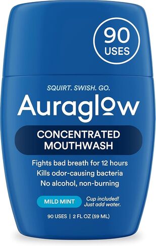 Auraglow Mouthwash Concentrate, 90 Uses, Alcohol-Free Formula, Travel Size, Includes Cup Just add Water, Fights Bad Breath for 12 Hours, Kills Odor-Causing Bacteria, Non Burning, 2 Fl Oz in Saudi Arabia