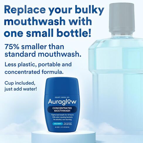 Auraglow Mouthwash Concentrate, 90 Uses, Alcohol-Free Formula, Travel Size, Includes Cup Just add Water, Fights Bad Breath for 12 Hours, Kills Odor-Causing Bacteria, Non Burning, 2 Fl Oz in Saudi Arabia