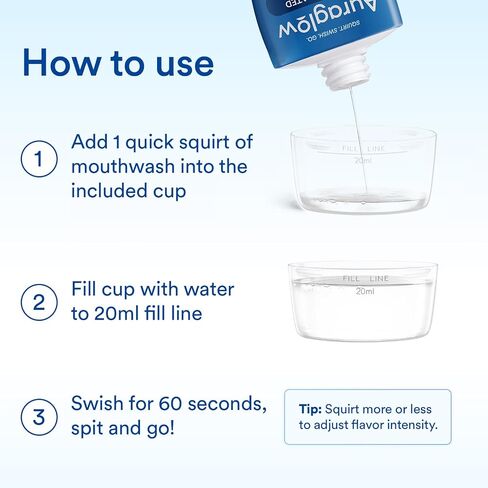 Auraglow Mouthwash Concentrate, 90 Uses, Alcohol-Free Formula, Travel Size, Includes Cup Just add Water, Fights Bad Breath for 12 Hours, Kills Odor-Causing Bacteria, Non Burning, 2 Fl Oz in Saudi Arabia
