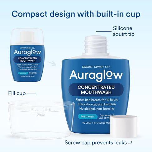 Auraglow Mouthwash Concentrate, 90 Uses, Alcohol-Free Formula, Travel Size, Includes Cup Just add Water, Fights Bad Breath for 12 Hours, Kills Odor-Causing Bacteria, Non Burning, 2 Fl Oz in Saudi Arabia