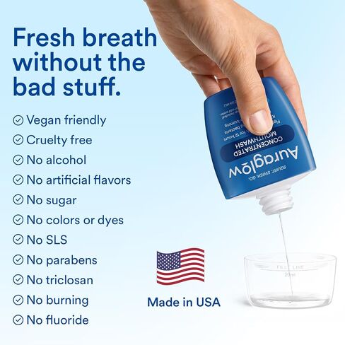 Auraglow Mouthwash Concentrate, 90 Uses, Alcohol-Free Formula, Travel Size, Includes Cup Just add Water, Fights Bad Breath for 12 Hours, Kills Odor-Causing Bacteria, Non Burning, 2 Fl Oz in Saudi Arabia