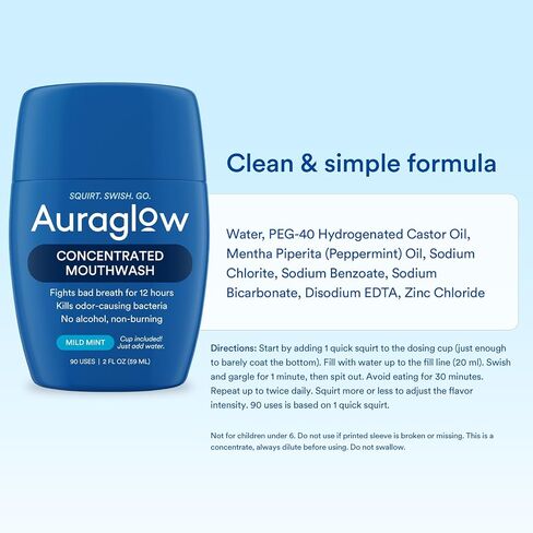 Auraglow Mouthwash Concentrate, 90 Uses, Alcohol-Free Formula, Travel Size, Includes Cup Just add Water, Fights Bad Breath for 12 Hours, Kills Odor-Causing Bacteria, Non Burning, 2 Fl Oz in Saudi Arabia