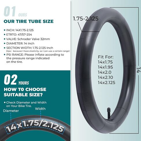 2 Pcs,Premium 14X1.75/1.90/1.95/2.0/2.10/2.125 Bike Tubes,Compatible for 14x1.75 to 2.125 Bike Tire,with 32mm Schrader Valve,Butyl Rubber,Used for Mountain,Cruiser,City and Road Kid Bikes in Kuwait
