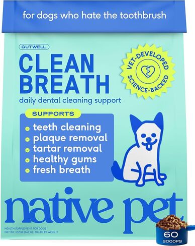 Native Pet GutWell Clean Breath - Dog Breath Freshener & Dog Dental Powder - Teeth Cleaning to Reduce Plaque & Tartar - Promotes Fresh Breath with Targeted Triple-biotic Dental Care Blend - 60 Scoops in Saudi Arabia