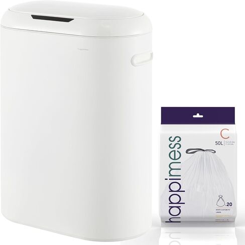 Happimess HPM1016C Robo Kitchen 13.2 جالون نحيف البيضاوي مستشعر الحركة بدون لمس سلة المهملات مع وضع اللمس، مقاومة بصمات الأصابع، حديثة، بسيطة للمنزل، المطبخ، المكتب، الحمام، قطن أبيض in Kuwait