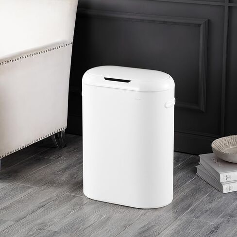 Happimess HPM1016C Robo Kitchen 13.2 جالون نحيف البيضاوي مستشعر الحركة بدون لمس سلة المهملات مع وضع اللمس، مقاومة بصمات الأصابع، حديثة، بسيطة للمنزل، المطبخ، المكتب، الحمام، قطن أبيض in Kuwait