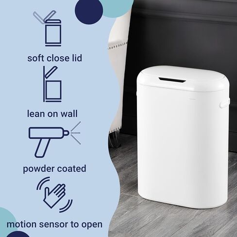Happimess HPM1016C Robo Kitchen 13.2 جالون نحيف البيضاوي مستشعر الحركة بدون لمس سلة المهملات مع وضع اللمس، مقاومة بصمات الأصابع، حديثة، بسيطة للمنزل، المطبخ، المكتب، الحمام، قطن أبيض in Kuwait