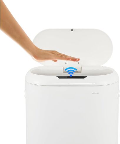 Happimess HPM1016C Robo Kitchen 13.2 جالون نحيف البيضاوي مستشعر الحركة بدون لمس سلة المهملات مع وضع اللمس، مقاومة بصمات الأصابع، حديثة، بسيطة للمنزل، المطبخ، المكتب، الحمام، قطن أبيض in Kuwait