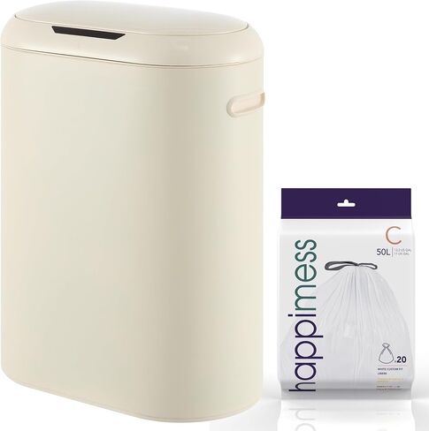 Happimess HPM1016C Robo Kitchen 13.2 جالون نحيف البيضاوي مستشعر الحركة بدون لمس سلة المهملات مع وضع اللمس، مقاومة بصمات الأصابع، حديثة، بسيطة للمنزل، المطبخ، المكتب، الحمام، قطن أبيض in Kuwait