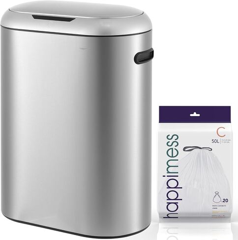 Happimess HPM1016C Robo Kitchen 13.2 جالون نحيف البيضاوي مستشعر الحركة بدون لمس سلة المهملات مع وضع اللمس، مقاومة بصمات الأصابع، حديثة، بسيطة للمنزل، المطبخ، المكتب، الحمام، قطن أبيض in Kuwait
