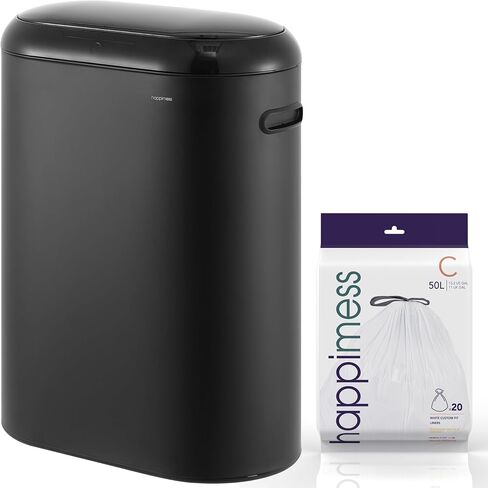 Happimess HPM1016C Robo Kitchen 13.2 جالون نحيف البيضاوي مستشعر الحركة بدون لمس سلة المهملات مع وضع اللمس، مقاومة بصمات الأصابع، حديثة، بسيطة للمنزل، المطبخ، المكتب، الحمام، قطن أبيض in Kuwait