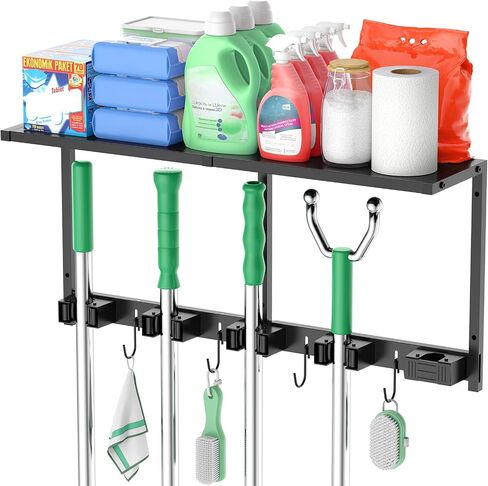 CCCEI Broom and Mop Wall Mount with Shelf, Laundry Room Cleaning Tools Organization Hanging Rack with Hooks, Bathroom, Garage, Garden Organizers and Storage. All Metal, Black, 1 Pack. in Kuwait