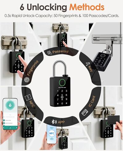 Heavy Duty Fingerprint Smart Padlock with Key, 6-in-1 Keyless Entry Lock with Code Keypad, Tuya App, RFID, Digital Combination Lock for Outdoor Gate, Fence, Shed, Pool, Storage Unit, Locker in Kuwait