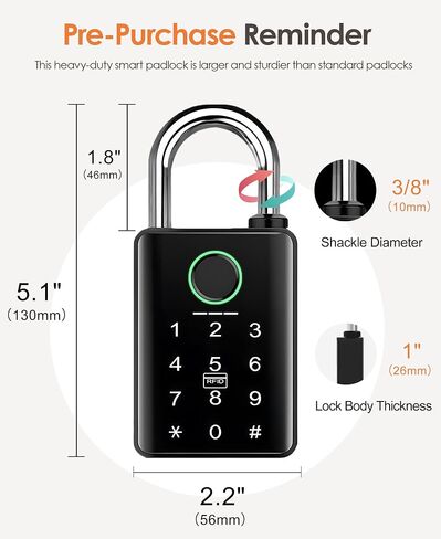 Heavy Duty Fingerprint Smart Padlock with Key, 6-in-1 Keyless Entry Lock with Code Keypad, Tuya App, RFID, Digital Combination Lock for Outdoor Gate, Fence, Shed, Pool, Storage Unit, Locker in Kuwait