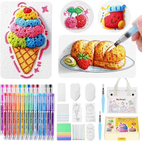 RuiHawk 75 Pcs Magic Foam Texture Painting Kit, Magic Puffy Paint Kit with 24 Auto-Flow Acrylic Markers, 38 Texture Sheets, 10 Bead Necklace & Tote Bag | DIY Art Supplies & Creative Gift for Kids in Saudi Arabia