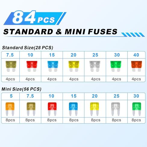 84PCS Car Fuses Assortment Kit, Standard & Mini Fuse 5A-40A | Upgraded Blade Fuses Automotive, Mixed Auto Replacement Fuses for Auto, RV, Truck, Marine Boat in Kuwait
