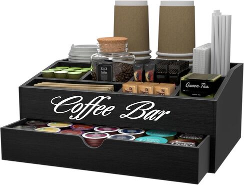 Suli Coffee Bar Station Organizer,Extra Large Wooden Countertop Pods Holder with Drawer,Storage for Condiment Syrup Tea Cups,Rustic Bar Decor for Accessories Organizer (2 Tiers 11 Compartments)-Black in Kuwait