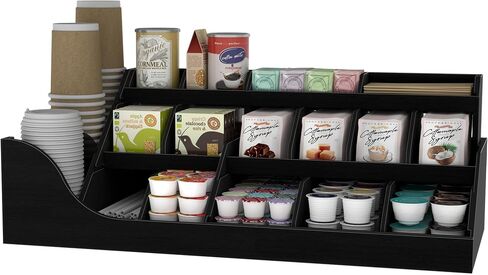 Suli Coffee Bar Station Organizer,Extra Large Wooden Countertop Pods Holder with Drawer,Storage for Condiment Syrup Tea Cups,Rustic Bar Decor for Accessories Organizer (2 Tiers 11 Compartments)-Black in Kuwait