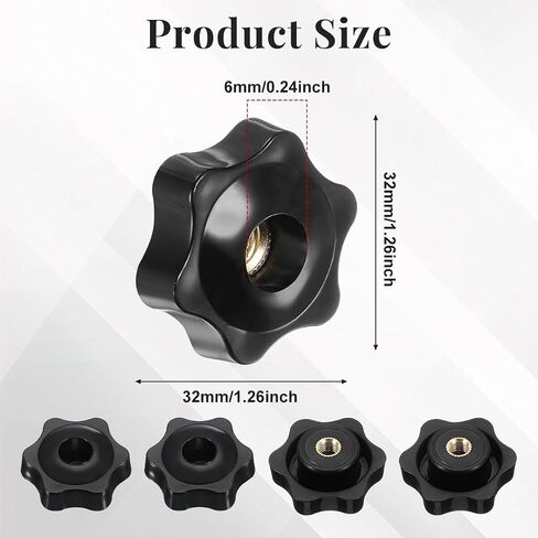 4 Pcs 32mm Star Knobs, Black Plastic Through Hole Clamping Handles, M6 Female Thread Threaded Hand Knobs with Brass Insert for Mechanical Equipment in Kuwait