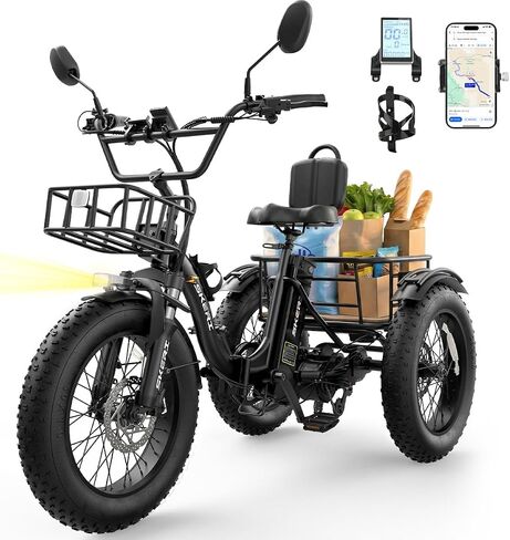 Skeri Electric Tricycle for Adults, 750W(Peak 1350W) Motor Etrike, 20"x4" Folding Fat Tire Electric Trike, 48V13Ah Battery, 3-Wheel Electric Bike, 20MPH, Front & Rear Basket & Differential in Kuwait
