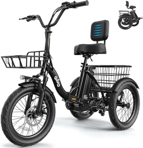 دراجة كهربائية Qlife Triker، ذروة 750 وات/1200 وات، دراجة كهربائية قابلة للطي بمحرك بدون فرشاة، بطارية قابلة للإزالة 499 وات في الساعة، دراجة كهربائية ثلاثية العجلات، تصل إلى 55 ميلًا، 20 دراجة ثلاثية العجلات للبالغين in Kuwait