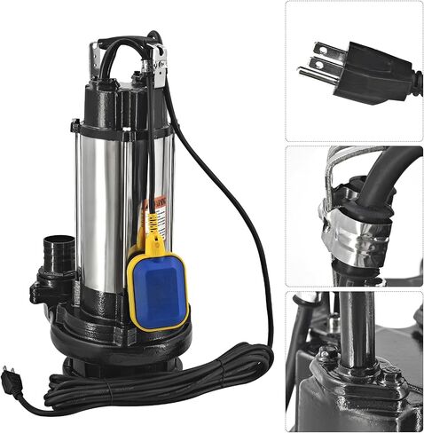 110V 2HP Sewage Grinder Pump, 4380GPH Submersible Sump Pump | w/Automatic Float Switch, 56FT Hose, 2'' NPT Discharge, Stainless Steel & Cast iron, for Basement Basin and Sewage Well in Kuwait