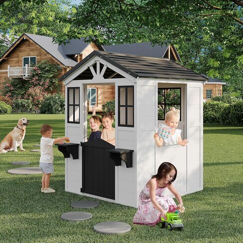 Cedar Wooden Kids Playhouse مع المطبخ المسرحي ، كوخ المغامرات الخشبية للفناء الخلفي ، مسرح الأطفال في الهواء الطلق للأطفال مع سقف الفينيل in Kuwait
