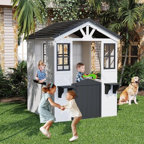 Cedar Wooden Kids Playhouse مع المطبخ المسرحي ، كوخ المغامرات الخشبية للفناء الخلفي ، مسرح الأطفال في الهواء الطلق للأطفال مع سقف الفينيل in Kuwait