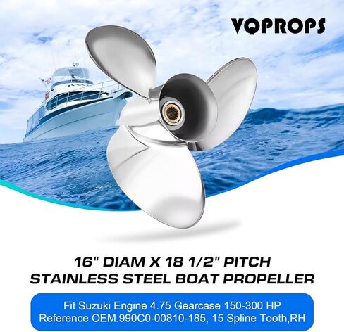16x18 1/2 الملعب استبدال OEM # 990C0-00810-185 الفولاذ المقاوم للصدأ قارب خارجي المروحة لمحركات سوزوكي DT/DF150 175 200 225HP 300FP 16 Dia x 18 1/2 Prop 15 Spline Tooth RH 16x18.5p in Kuwait
