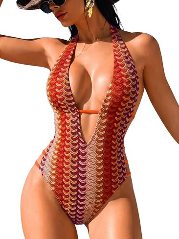 EHSUYAB Sexy Women Plunge One Piece Swimsuit Backless Crochet Boho Monokini | Cheeky Bottom, Textured Fabric, Zigzag Pattern, Cut Out Design, Bathing Suit For Beach Vacation Pool Party Sunbathing in Kuwait