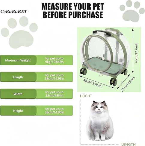 Cat Carrier with Rolling Wheels, Clear Pet Trolley Case Pet Backpack with Multiple Ventilation Holes for Cats and Dogs, Green in Saudi Arabia