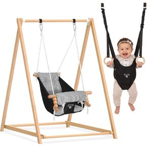 2-in-1 Baby Jumper & Swing, Montessori Wooden Toddler Swing Set with Stand for Indoor/Outdoor, Baby Bouncer Jumper & Hammock Swing with 5-Point Harness, Suitable for Children Ages Up to 3 Yrs in Kuwait