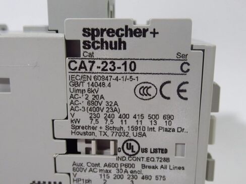 SPRECHER & SCHUH CA7-23-10-120 FVNR 23A، 1NO AUX، ملف 120VAC، 23 AMP 3 Pole IEC CONTACTOR مع 1 NO، 3-Pole، CONTACTOR، جهة اتصال أساسية وملف 110/120VAC in Kuwait