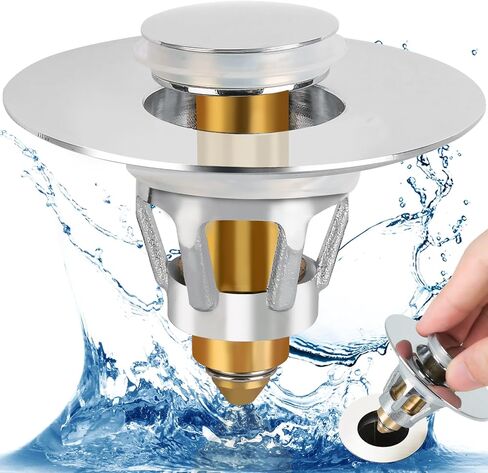 Three colors Bathroom Sink Stopper, 1.1-1.5" Bathroom Sink Drain Strainer, Universal WashBasin Pop Up Drain Stopper, Bounce Core Push Type Sink Plug, Anti-Clogging, Stainless Steel (Silver,1PCS) in Kuwait