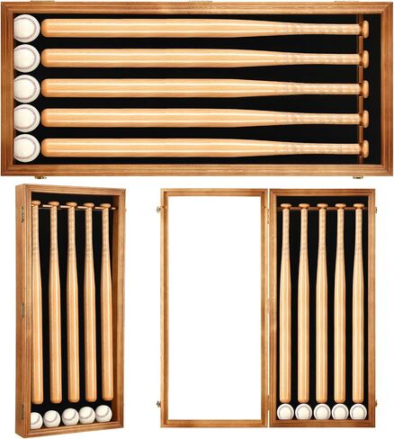 Seenelling 5 Baseball Bat Display Case Wall Mounted, Wooden Frame with UV Protection Acrylic Transparent Door, Vertical Horizontal Shadow Box Holder Rack Cabinet (Bats and Baseballs Not Included) in Kuwait